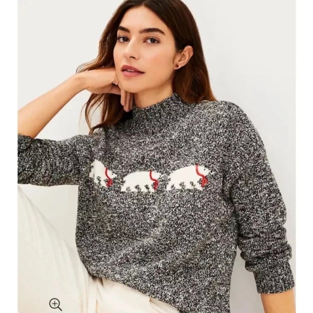 LOFT Polar Bear Sweater XS Petite Black White Nordic Fair Isle Cozy Knit